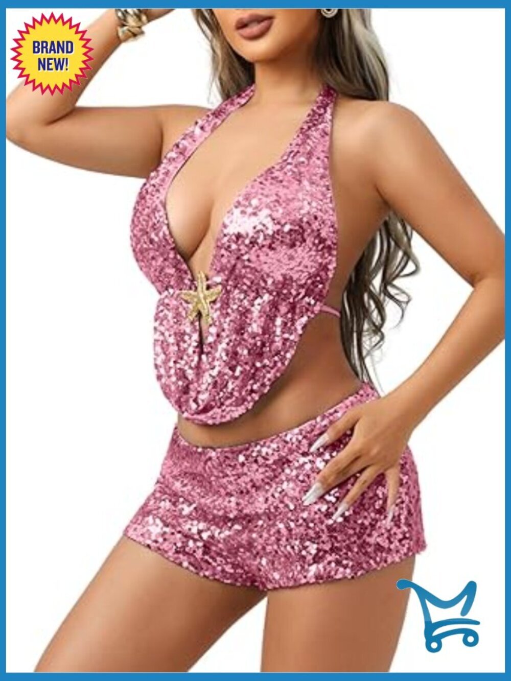 Sequin Two Piece Set - Cowl Neck Top & Booty Shorts - Club Outfit